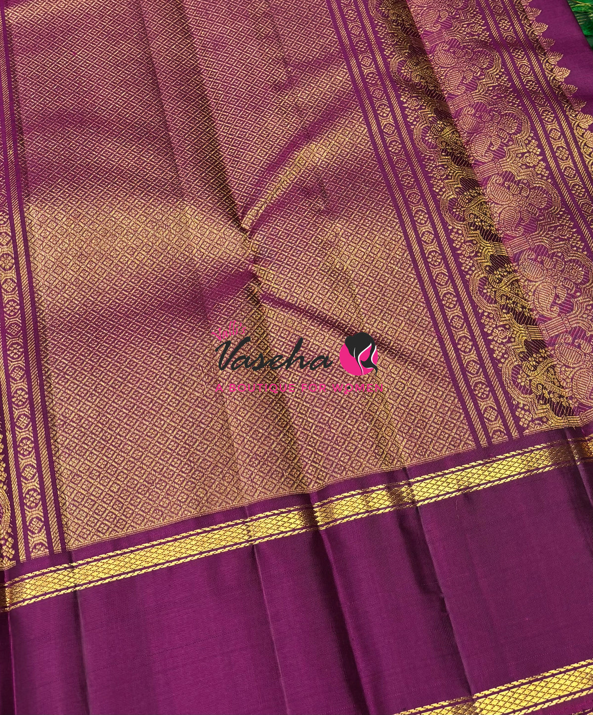 Pure Kanchipuram Silk Saree - Green & Purplish Pink Combo - VVPS037