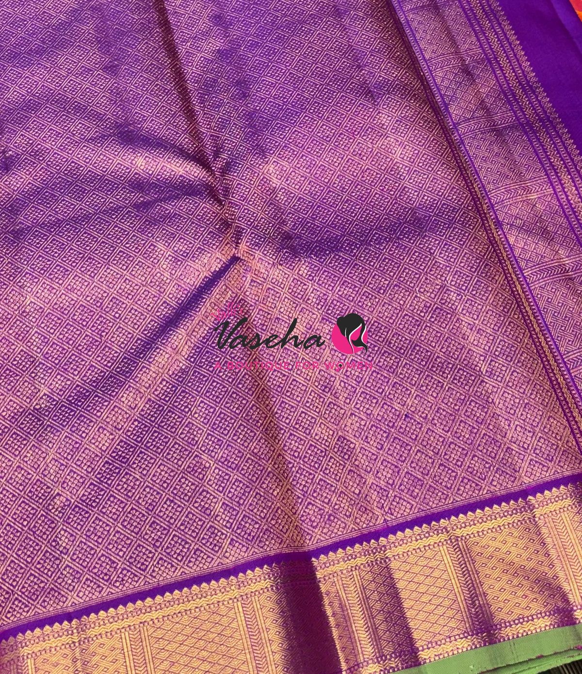 Pure Kanchipuram Silk Saree - Peach  With Purple Combo - VVPS027