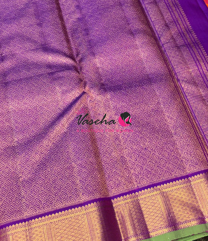 Pure Kanchipuram Silk Saree - Peach  With Purple Combo - VVPS027