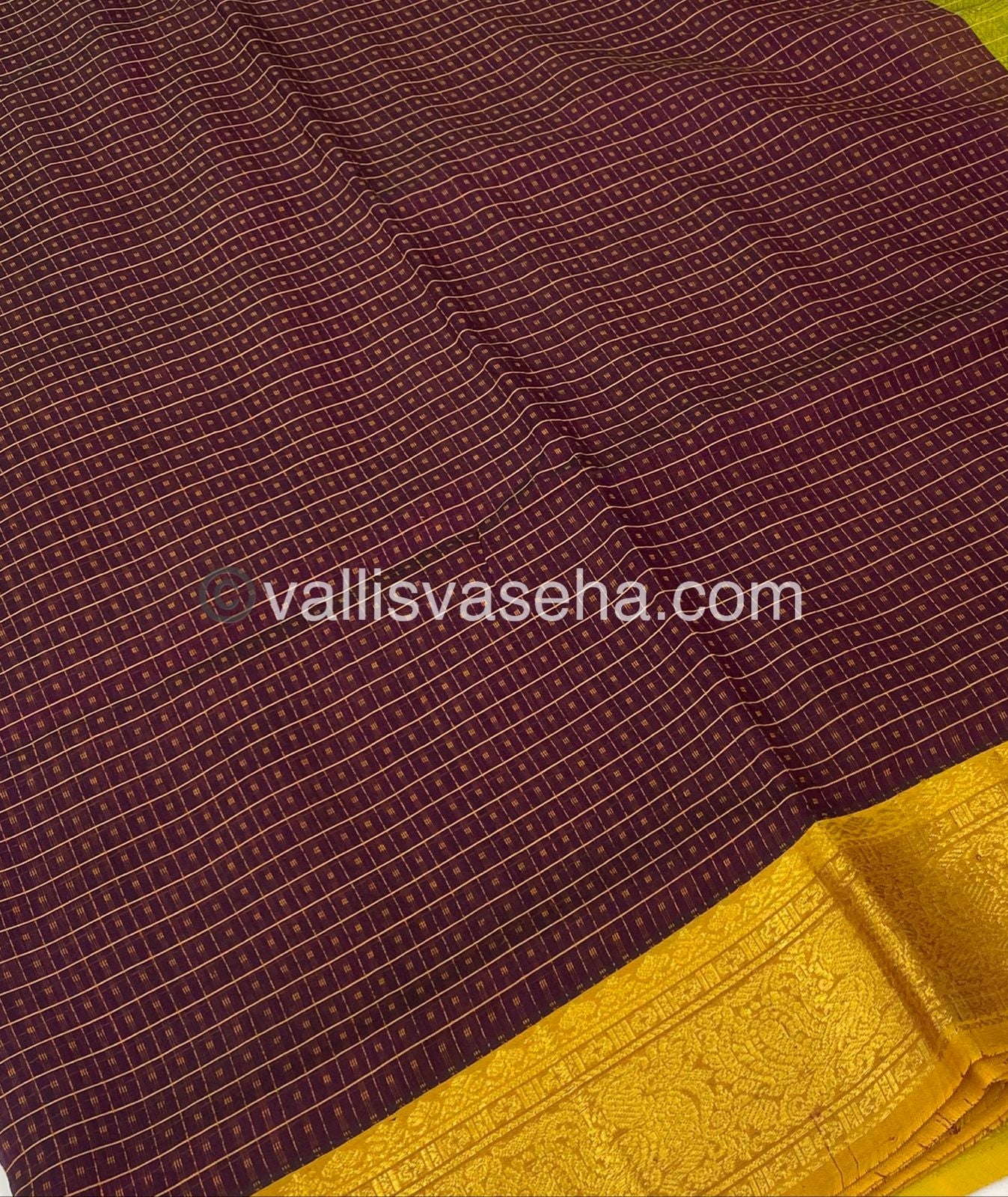 Pure Silk Cotton Saree - Maroonish Wine with Lemon Green - Lakshadeepam Design - VVPLD001