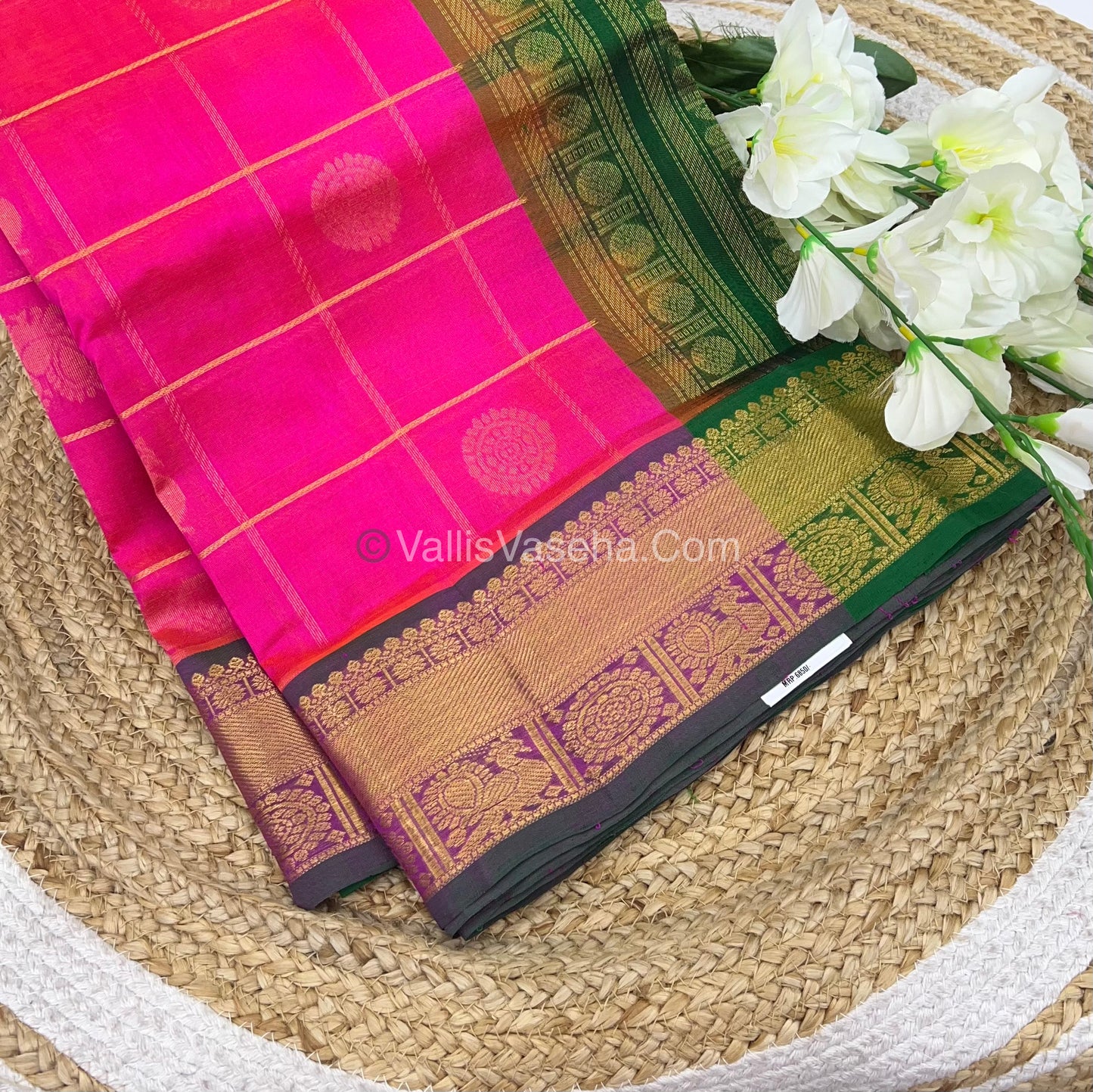 Pure Silk Cotton Saree - Mayil & Chakkaram Design -  Pink With Green Shade - VVMC001