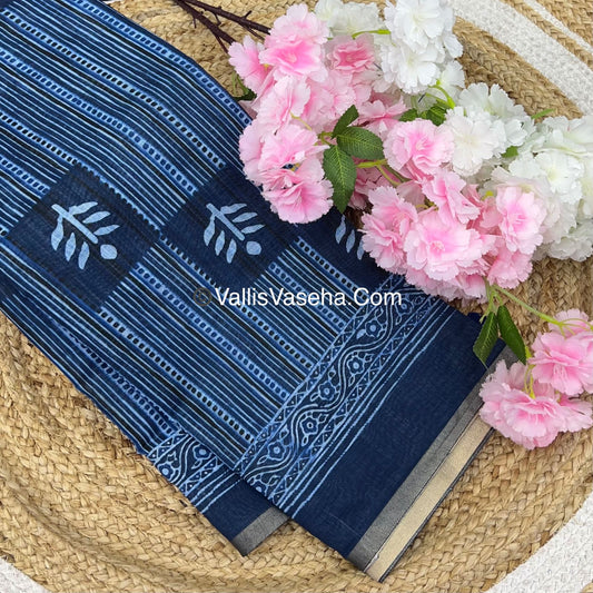 Linen Mixed Cotton Saree - Indigo Blue - Printed - VVLMP001
