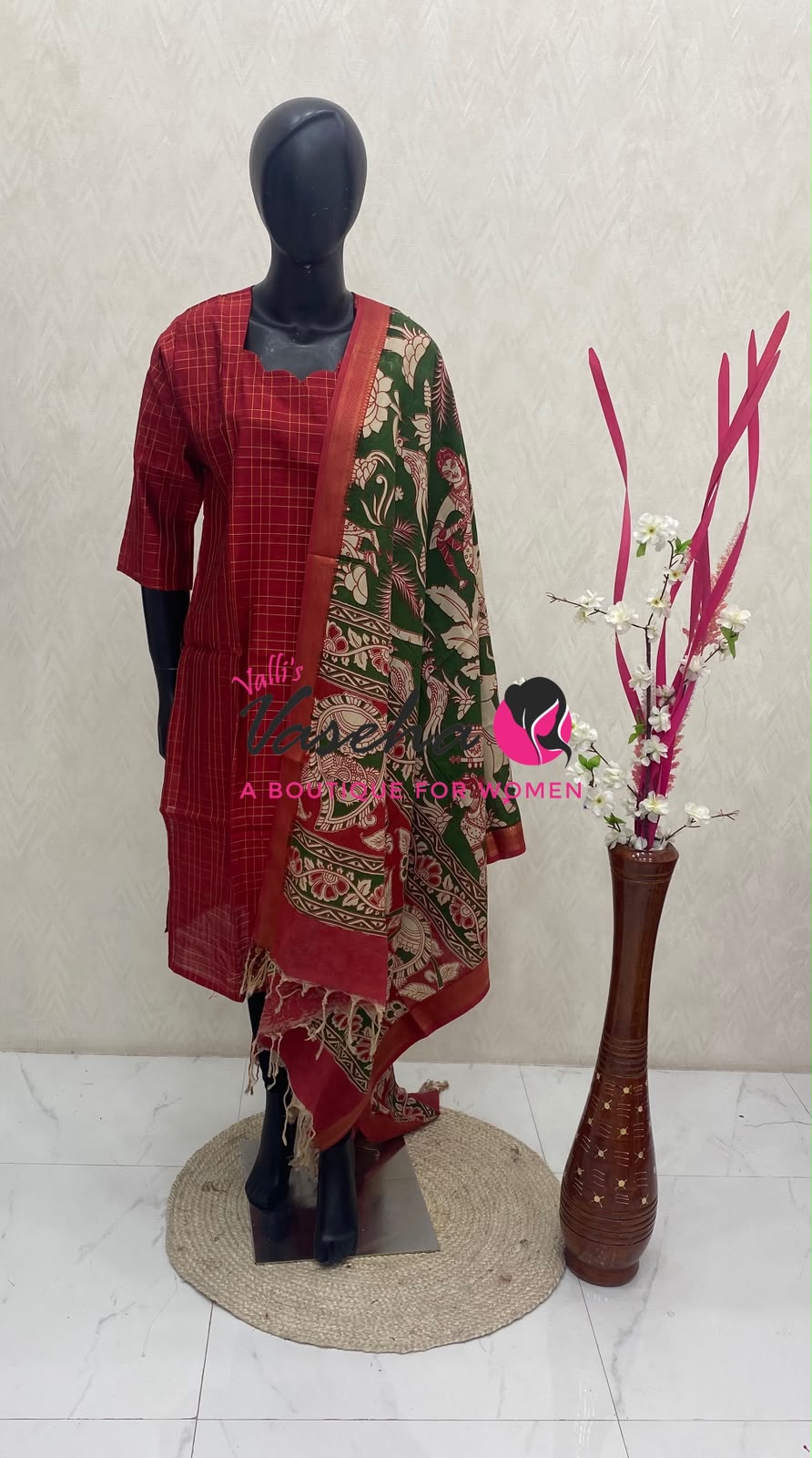 Ready Made - Semi Raw Silk Kurti with Chennur Silk Kalamkari Duppatta - Red Shade - 2pc Set - VVSRK002