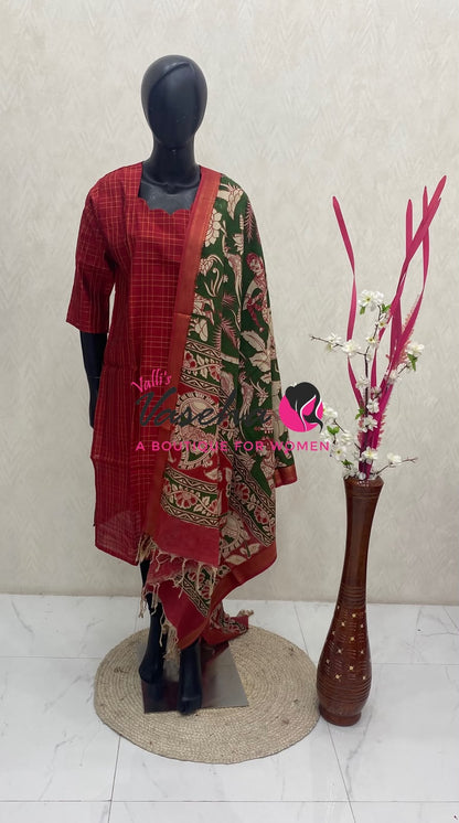 Ready Made - Semi Raw Silk Kurti with Chennur Silk Kalamkari Duppatta - Red Shade - 2pc Set - VVSRK002