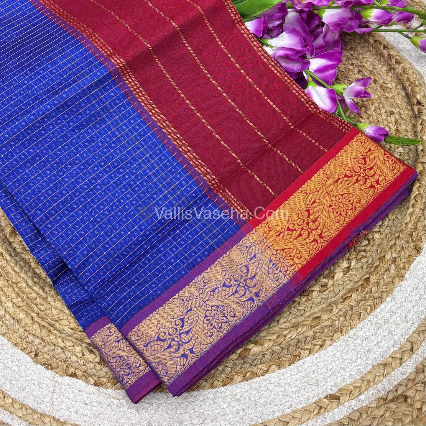 Semi Silk Cotton Saree - Blue With Red Shade - VVSSC006
