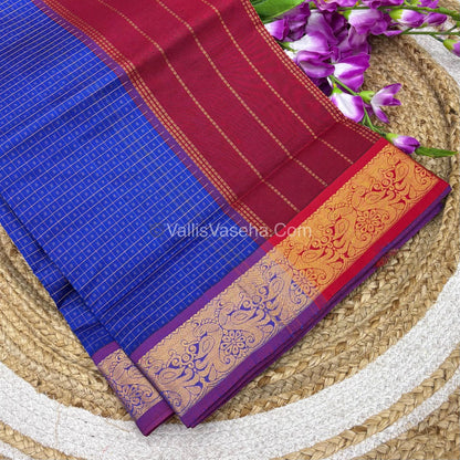Semi Silk Cotton Saree - Blue With Red Shade - VVSSC006