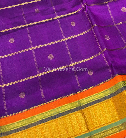 Pure Korvai Silk Cotton - Checks Pattern - Purple with Orangish Yellow Shade  - VVKSC015