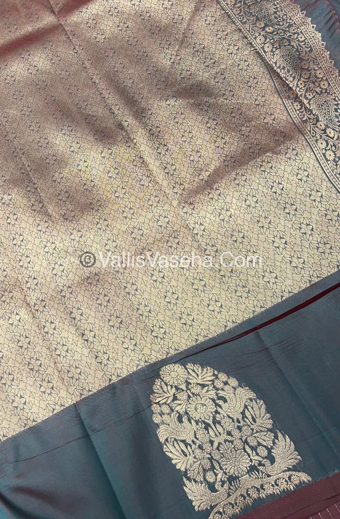Semi Soft Silk - Tree With Double Birds Butta Border - Greenish Grey  Shade -VVSSS011