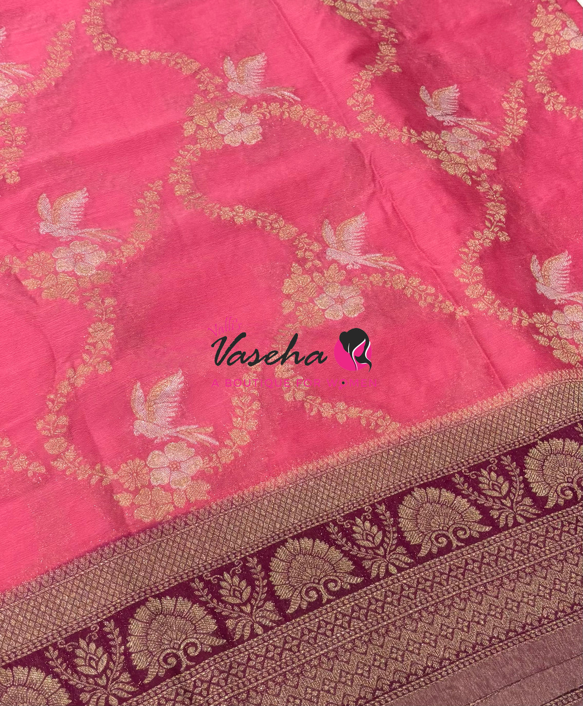 Banarasi Georgette Saree - Pink With Wine Combo - VVBGS002