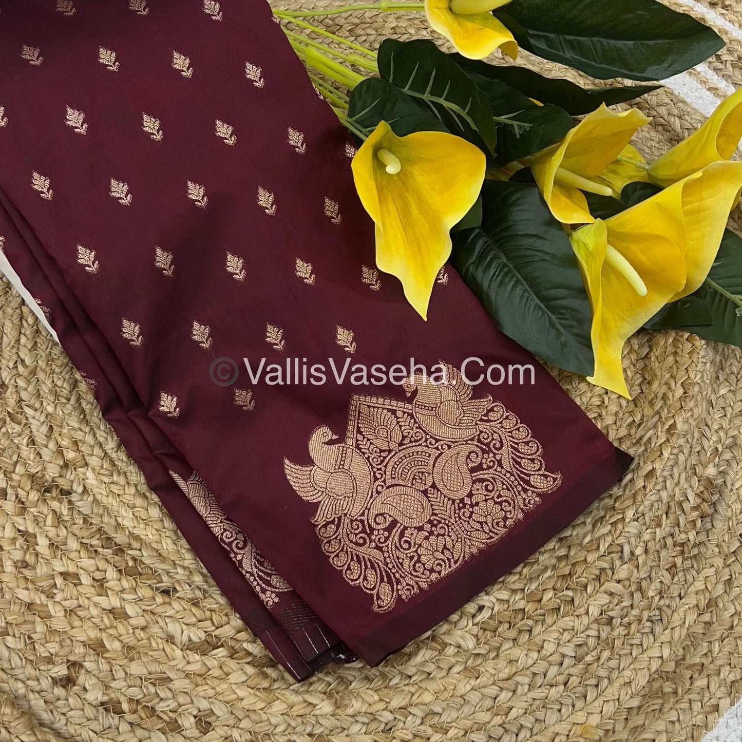 Semi Soft Silk - Peacock & Mango Butta Border - Maroon Shade -VVSSS015