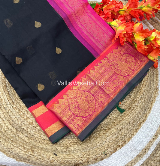 Pure Korvai Silk Cotton Saree - Black with Peach - VVKSC019