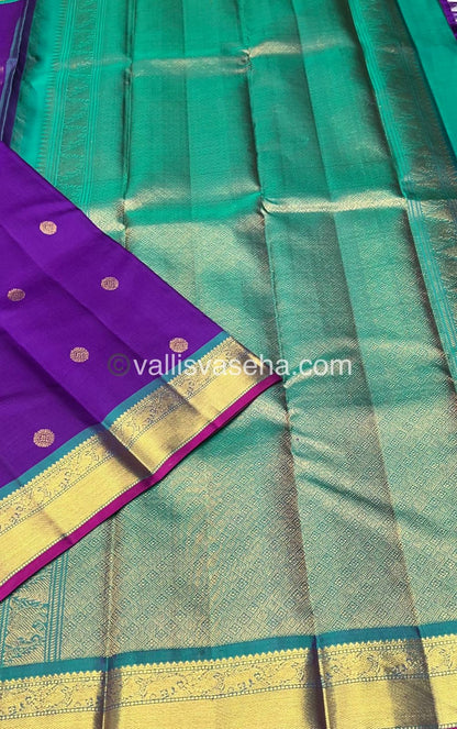 Pure Kanchipuram Silk Saree - Purple & Sea Green /Pink Combo - VVPS014