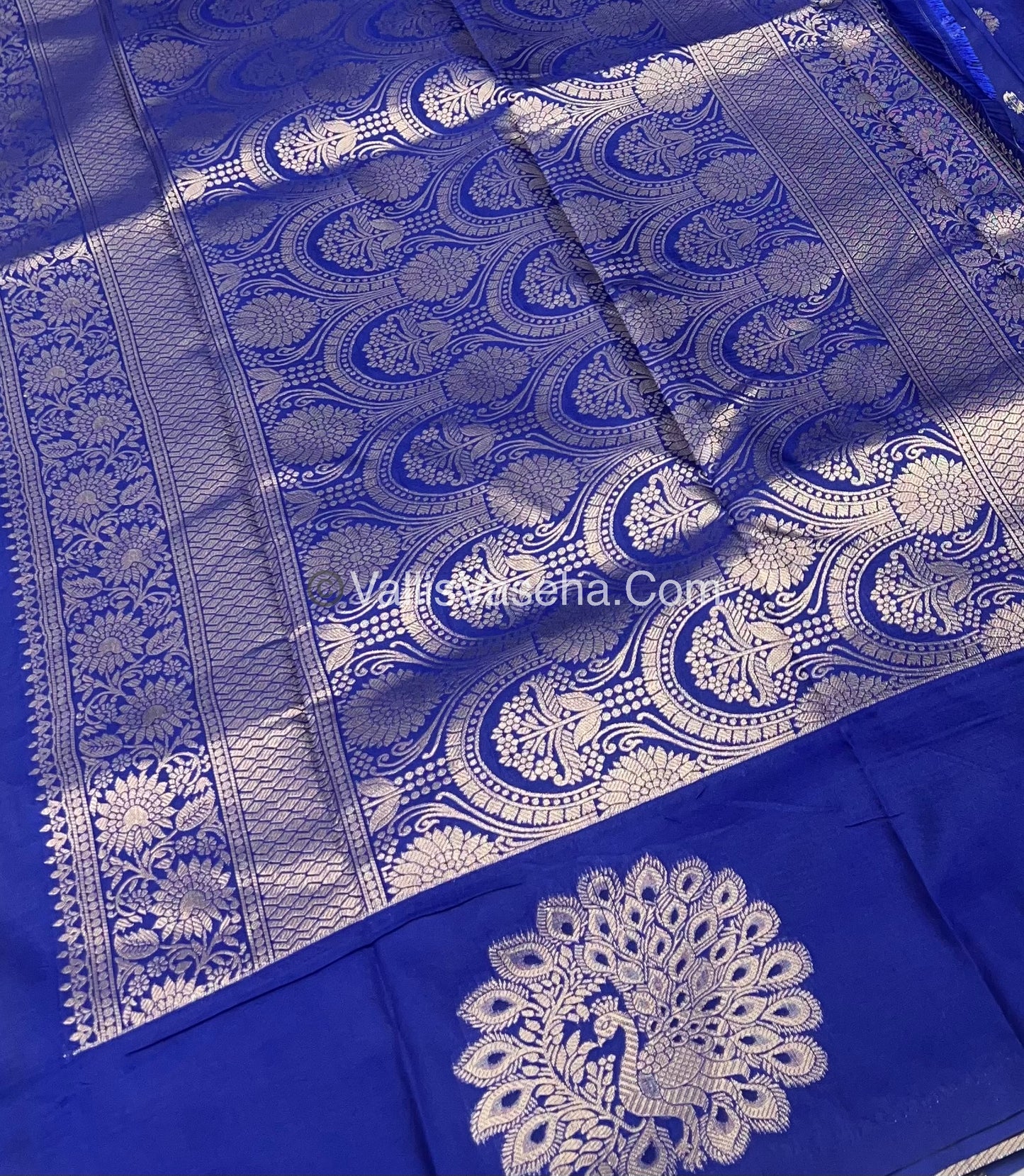 Semi Soft Silk - Peacock Butta Border - Blue Shade -VVSSS011