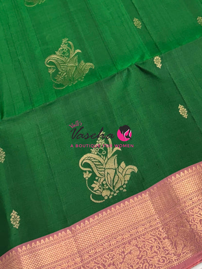 Pure Soft Silk Saree - Kanchi Border - Green & Onion Pink Combo - VVPSS046