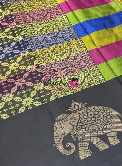 Semi Soft Silk  - Madras Checks Pattern -  Black Shade  - VVSSS042