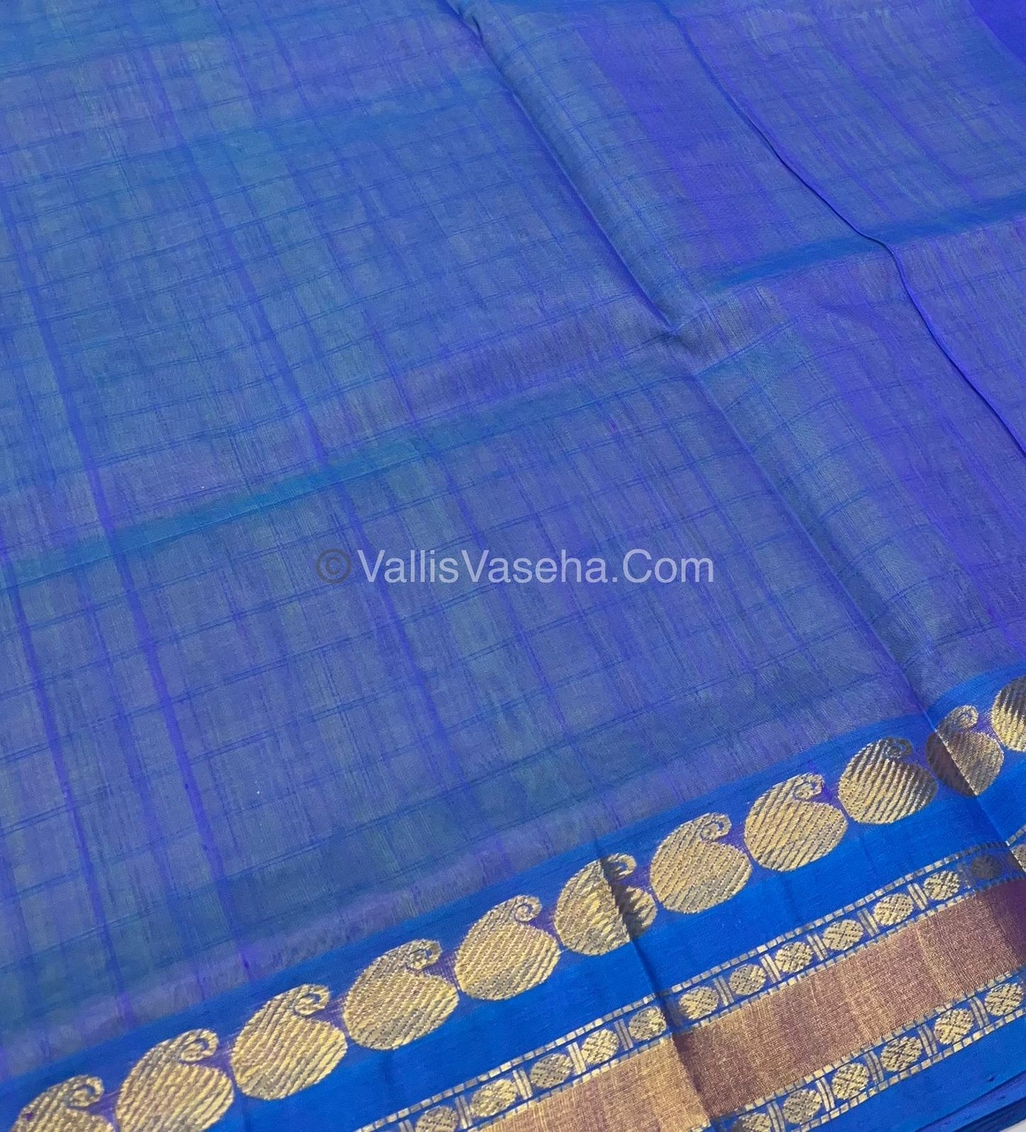 Pure Korvai Silk Cotton - Pista Green with Blue - Checks Pattern - VVKSC008