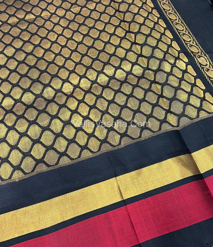 Pure Korvai Silk Cotton Saree - Cream With Black Shade Temple border - VVKSC001