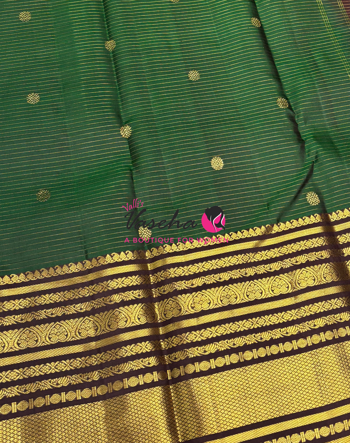 Pure Kanchipuram Silk Saree - Vairavoosi Design  - Green & Brown Combo - VVPS014