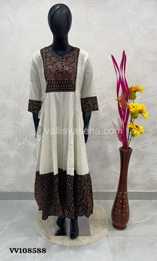 Ready Made - Long Floor Length Kurti - Cream with Black Ajrakh Combo - VVRLG001