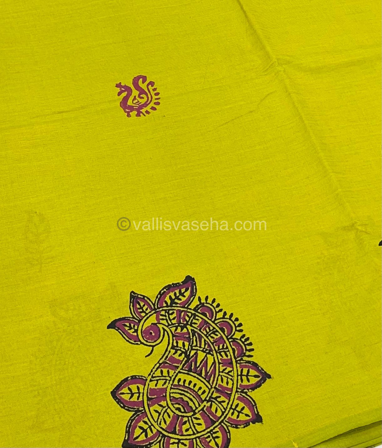 Poly Silk Mixed Printed Cotton - Lemon Green With Pink - VVPCP002