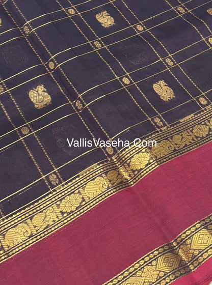 Pure Korvai Silk Cotton - Checks Pattern - Brown With Red Shade  - VVKSC036