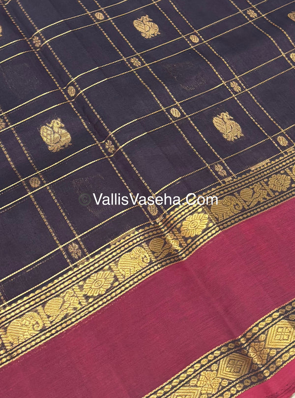 Pure Korvai Silk Cotton - Checks Pattern - Brown With Red Shade  - VVKSC036