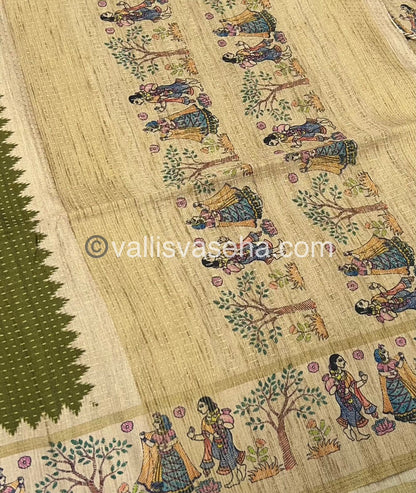 Semi Tussar Silk - Vairavoosi Design - Mahendi Green & Cream Shade - VVSTS030