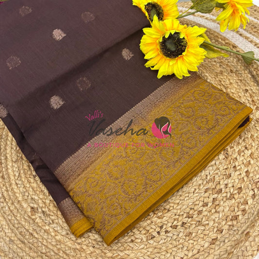 Bamboo Silk Saree- Brown with Yellow Shade - VVBSS015