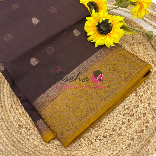 Bamboo Silk Saree- Brown with Yellow Shade - VVBSS015
