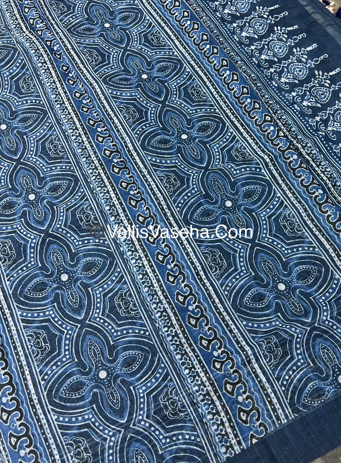 Linen Mixed Cotton Saree - Indigo Blue - Printed - VVLMP001