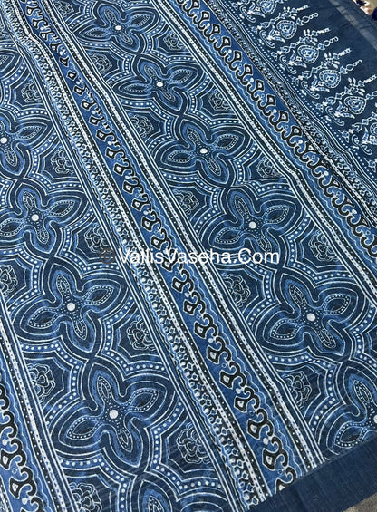 Linen Mixed Cotton Saree - Indigo Blue - Printed - VVLMP001