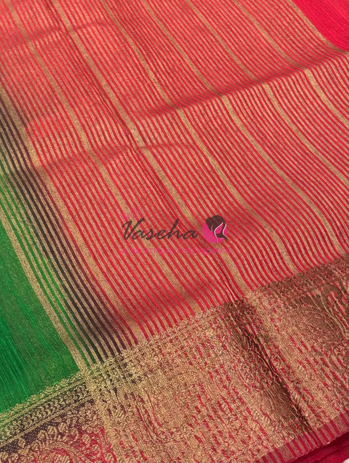 Bamboo Silk Saree- Green with Pink Shade - VVBSS016