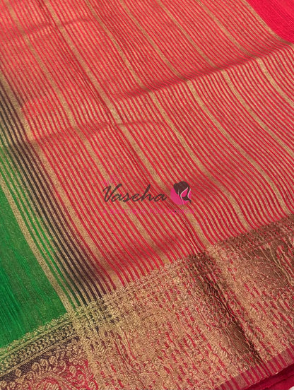 Bamboo Silk Saree- Green with Pink Shade - VVBSS016