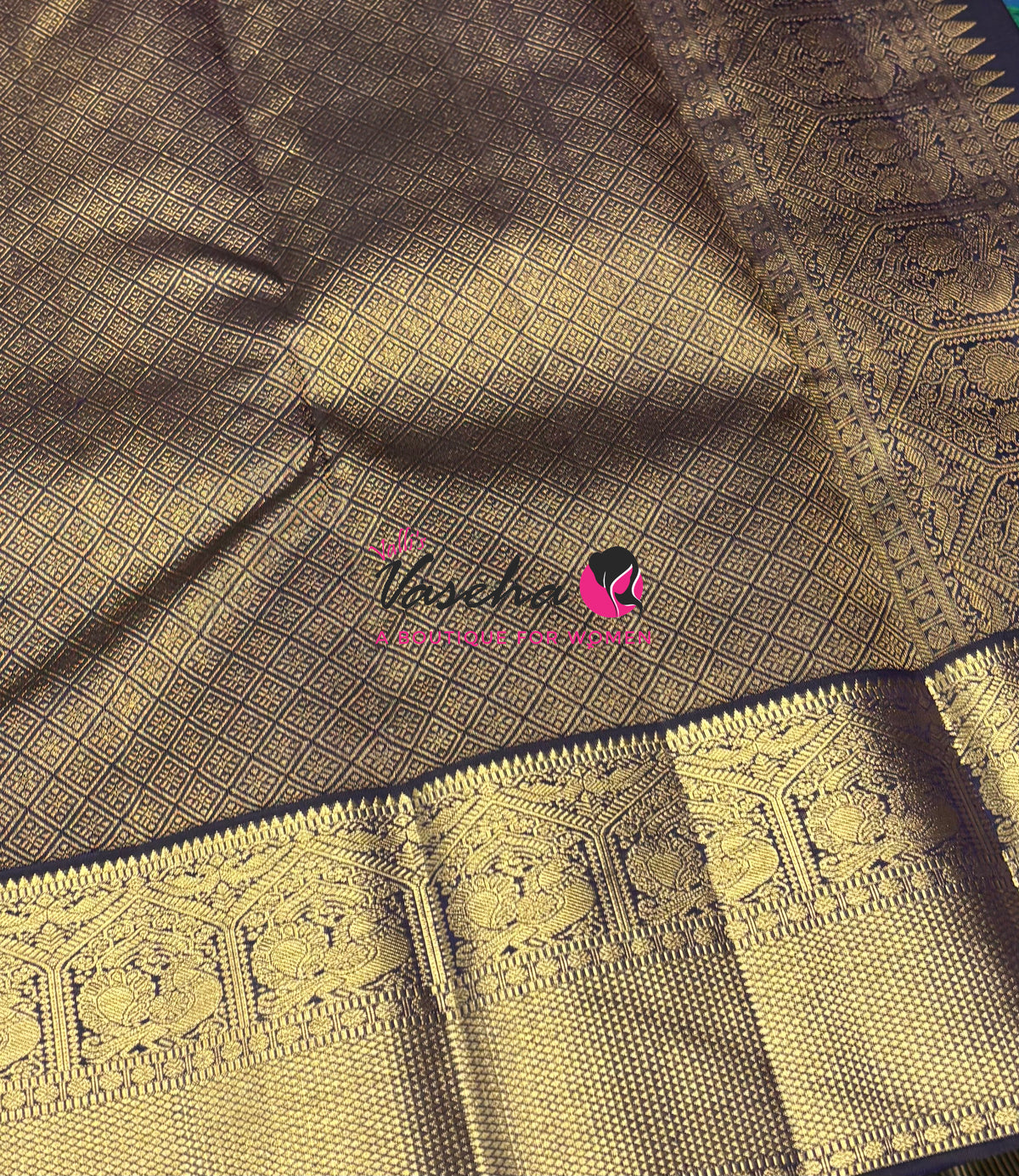 Pure Vintage Korvai Kanchipuram Silk Saree - Peacock Blue & Navy Blue Combo - VVPS021