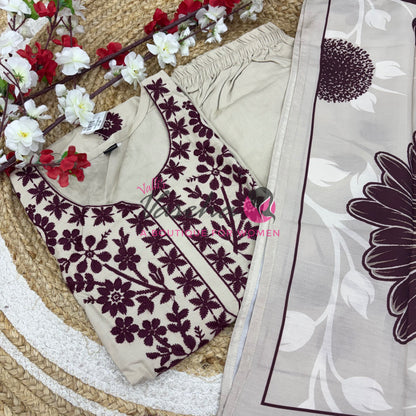 Readymade 3pc Set - Thread - Ivory & Wine Merun - Embroidered - VVRMS009