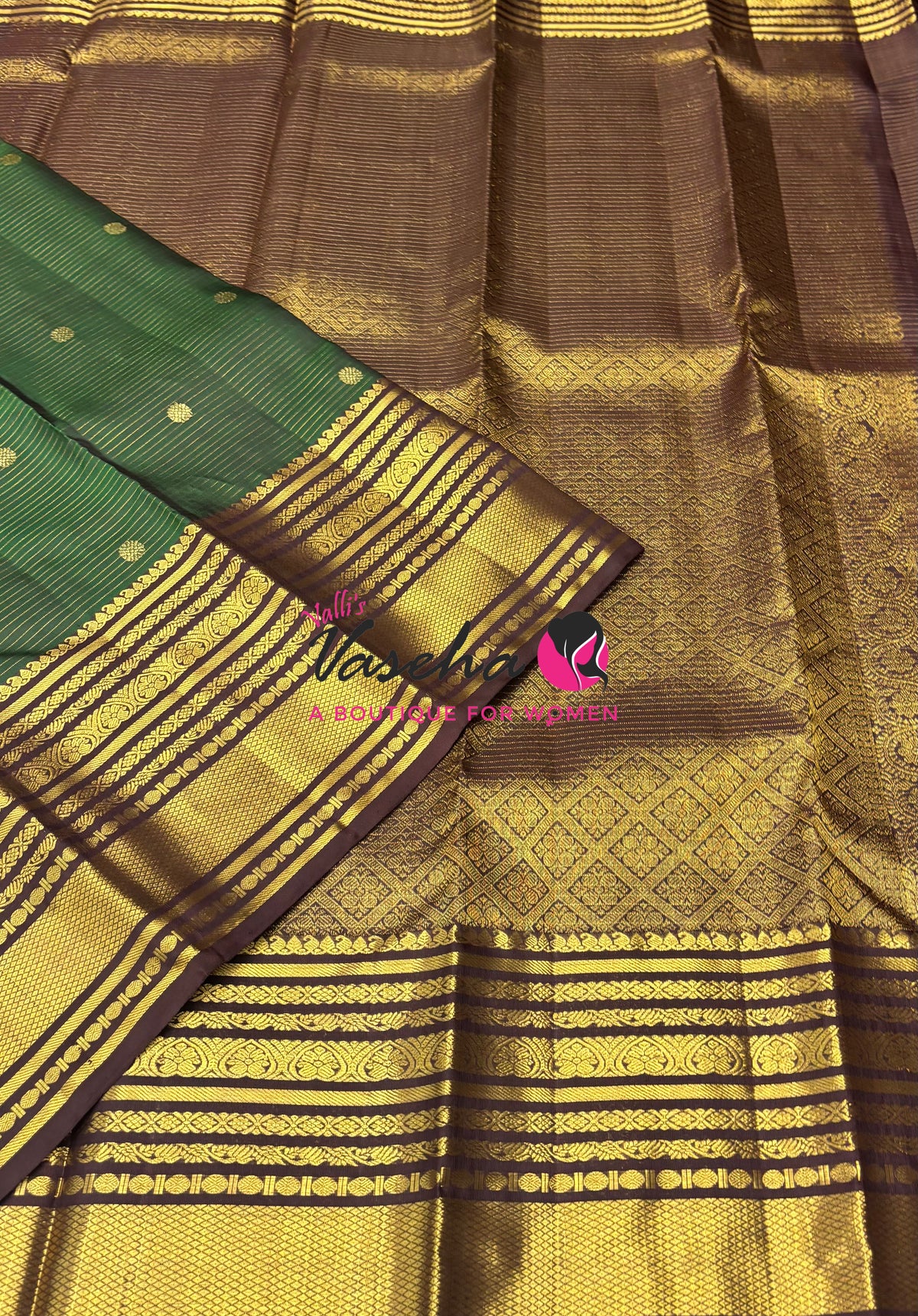 Pure Kanchipuram Silk Saree - Vairavoosi Design  - Green & Brown Combo - VVPS014