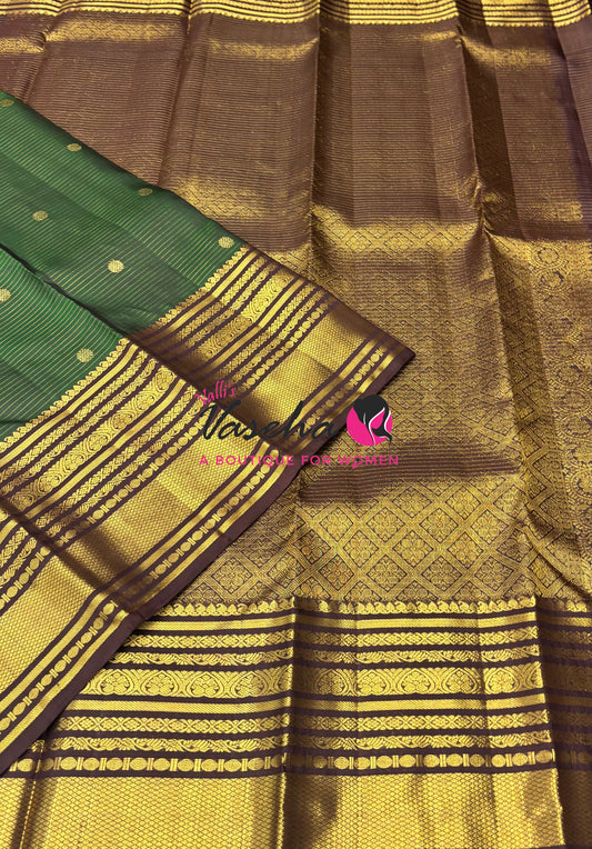 Pure Kanchipuram Silk Saree - Vairavoosi Design  - Green & Brown Combo - VVPS014