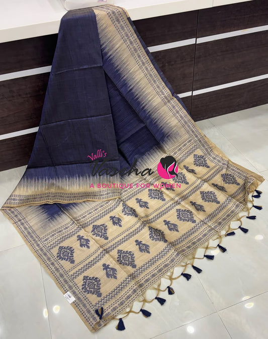 Semi Jute Silk Saree - Blue With Cream Shade - VVSJS003