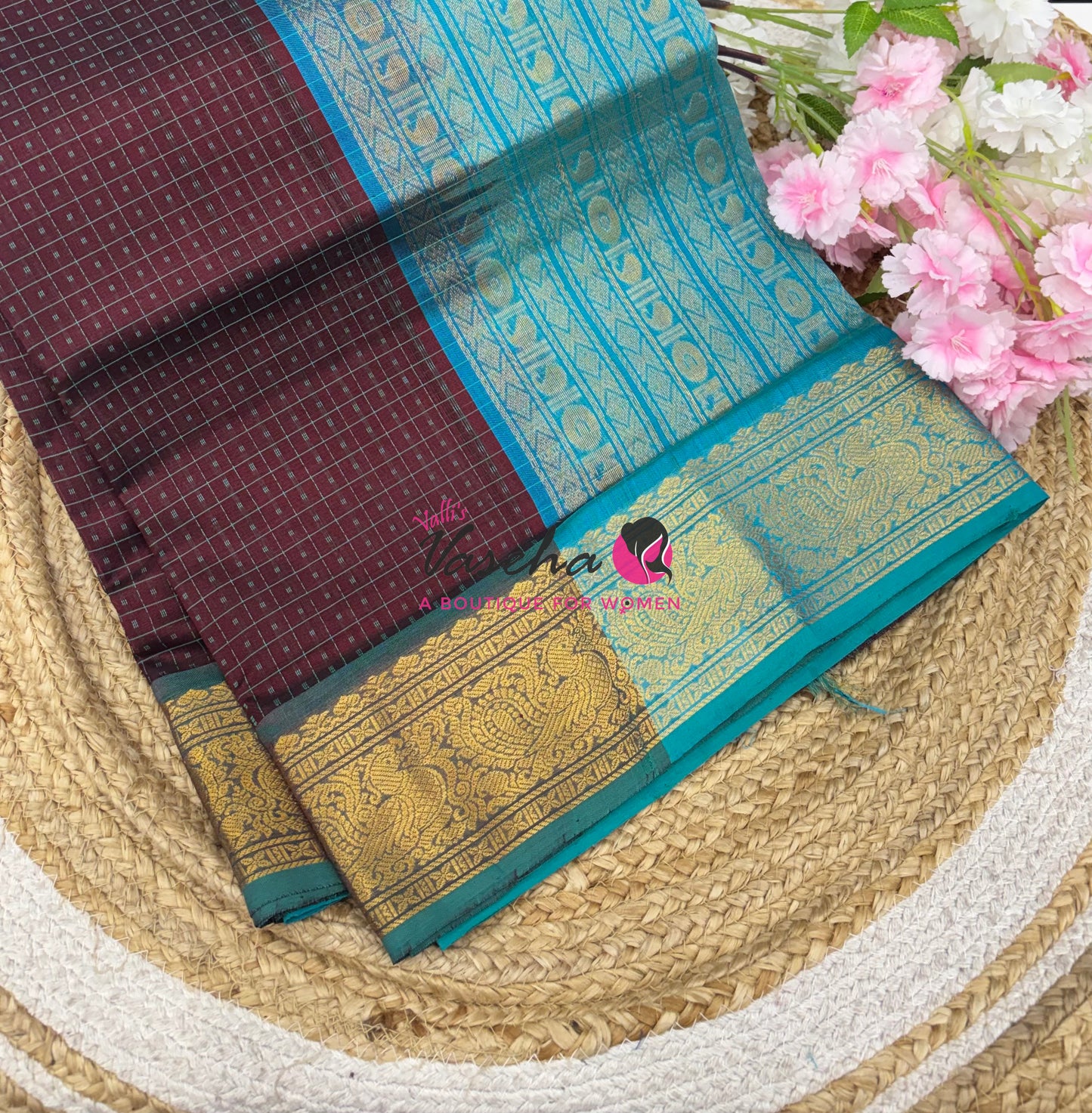Pure Silk Cotton Saree - Brown With Blue - Lakshadeepam Design - VVPLD001