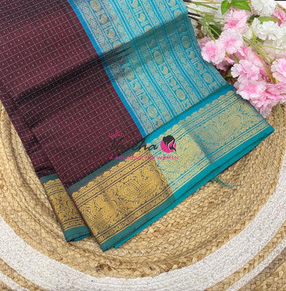 Pure Silk Cotton Saree - Brown With Blue - Lakshadeepam Design - VVPLD001