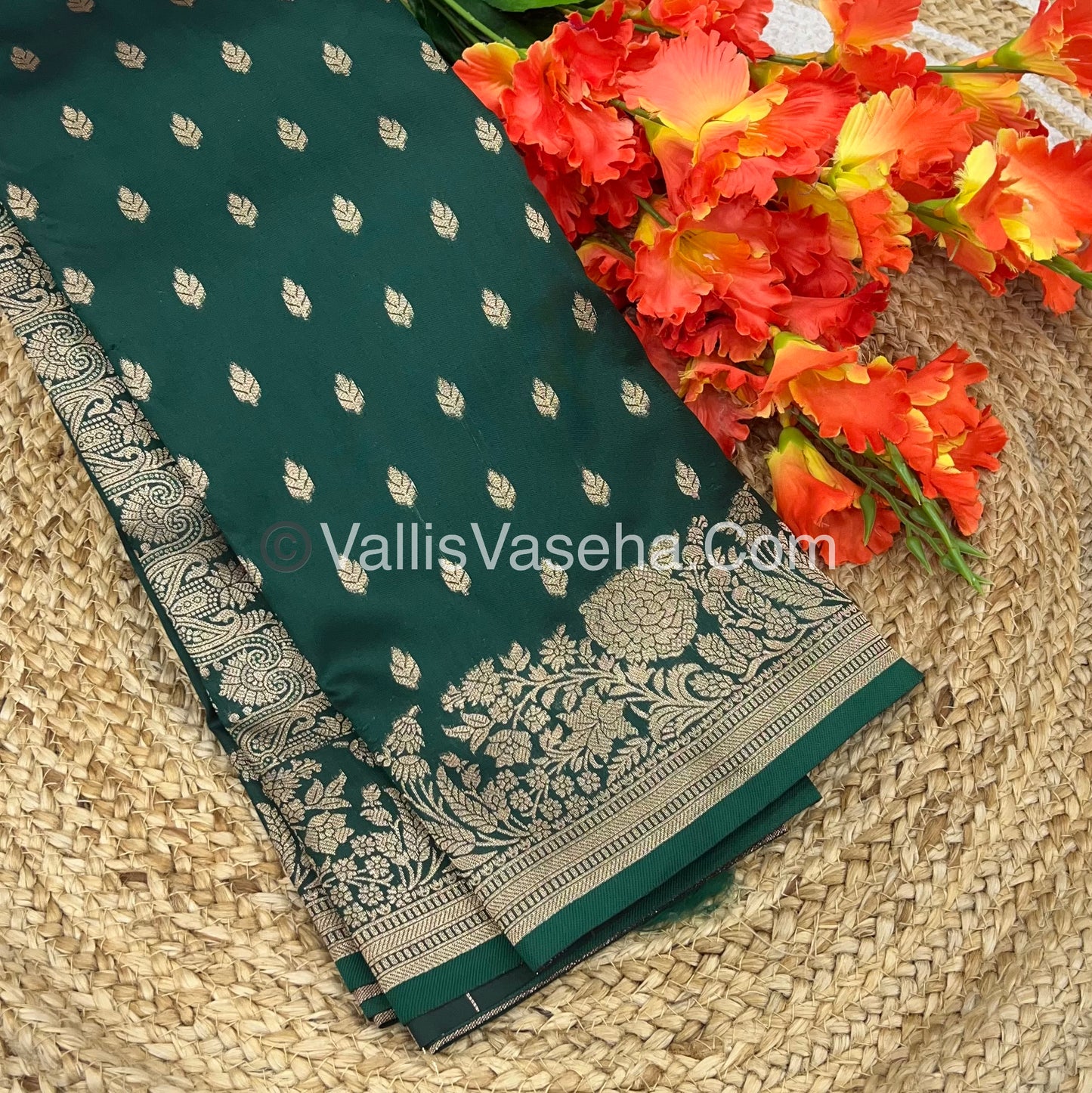 Semi Soft Silk with Border - Green Shade  -VVSSS012