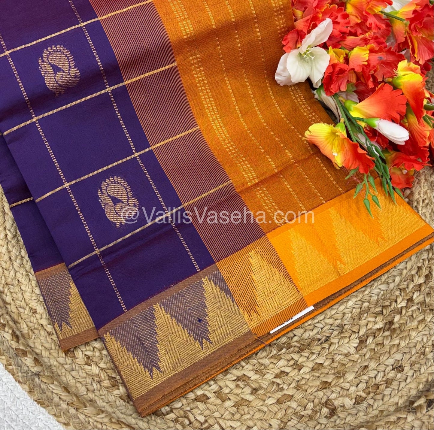 Semi Silk Cotton Saree -  Dark Violet  with mustard Shade - VVSSC002