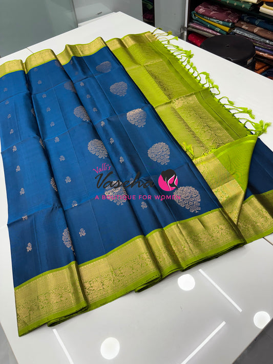 Pure Soft Silk Saree - Kanchi Border - Blue & Green Combo - VVPSS046