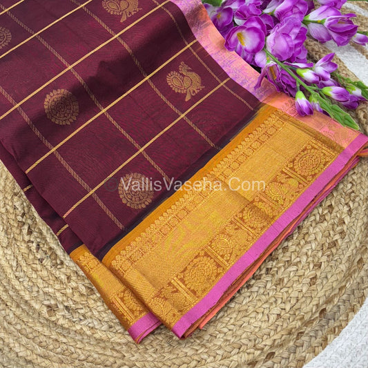 Pure Silk Cotton Saree - Mayil & Chakkaram Design - Brown  With Pink  - VVMC001