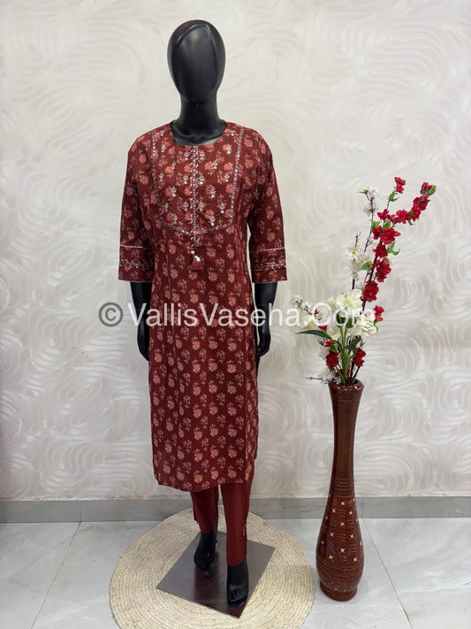 Salwar & Kameez(2pc) Set - Rustic Merun kurti & Cotton Bottom with Applique work - VVCS002