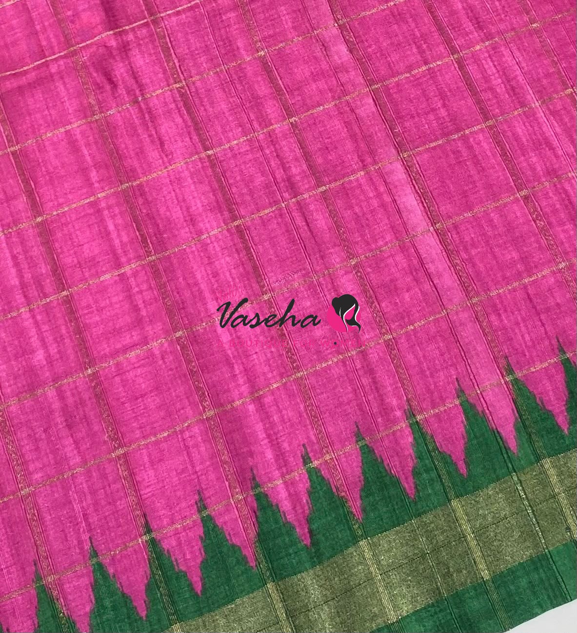 Semi Art Tussar Silk  / Art Silk - Pink & Green - VVATS008