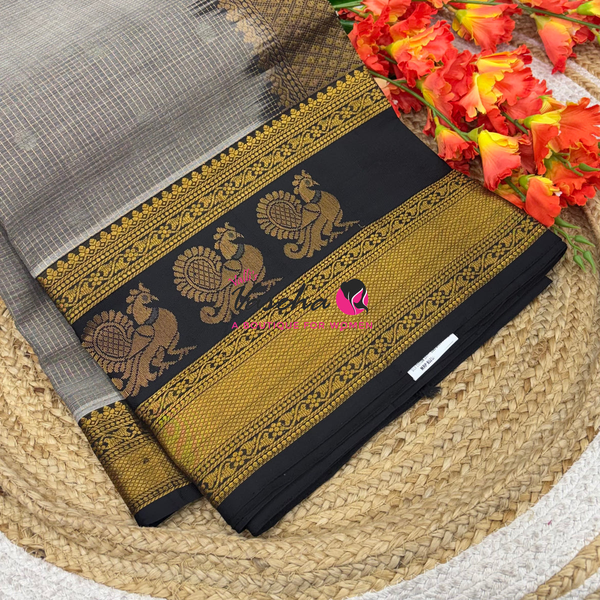 Pure Korvai Silk Cotton - Checks Pattern - Grey With Black Shade  - VVKSC034