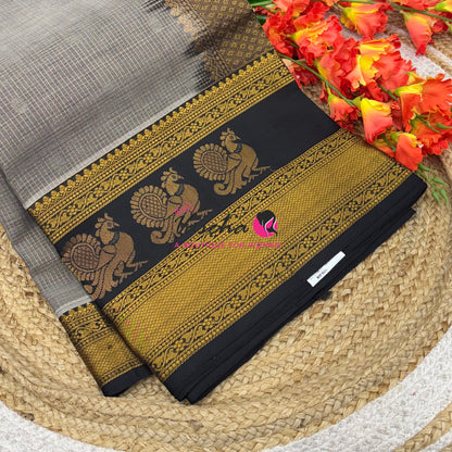 Pure Korvai Silk Cotton - Checks Pattern - Grey With Black Shade  - VVKSC034