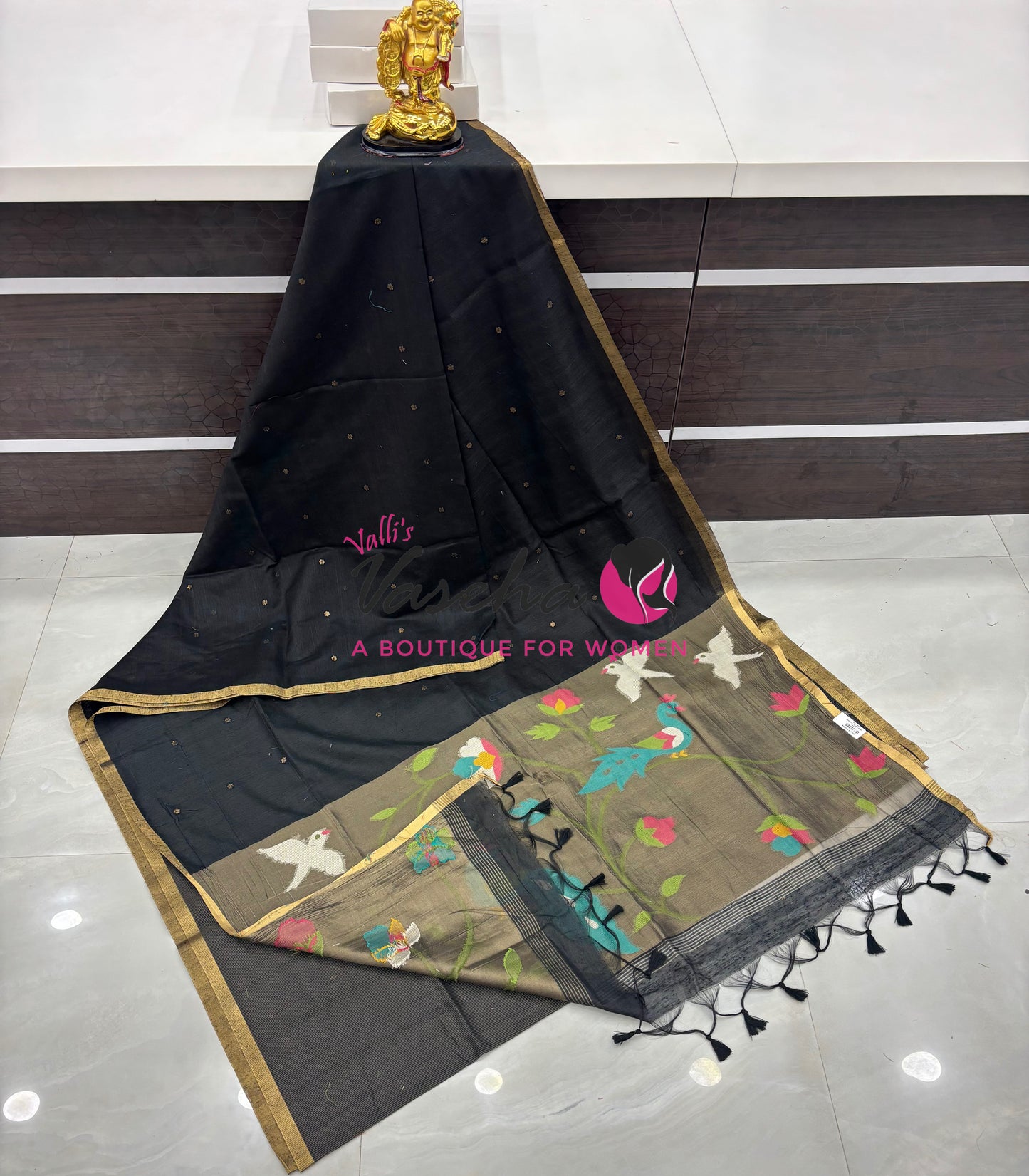 Semi Duppion Tussar Silk Saree | Black Shade |VVSDT001
