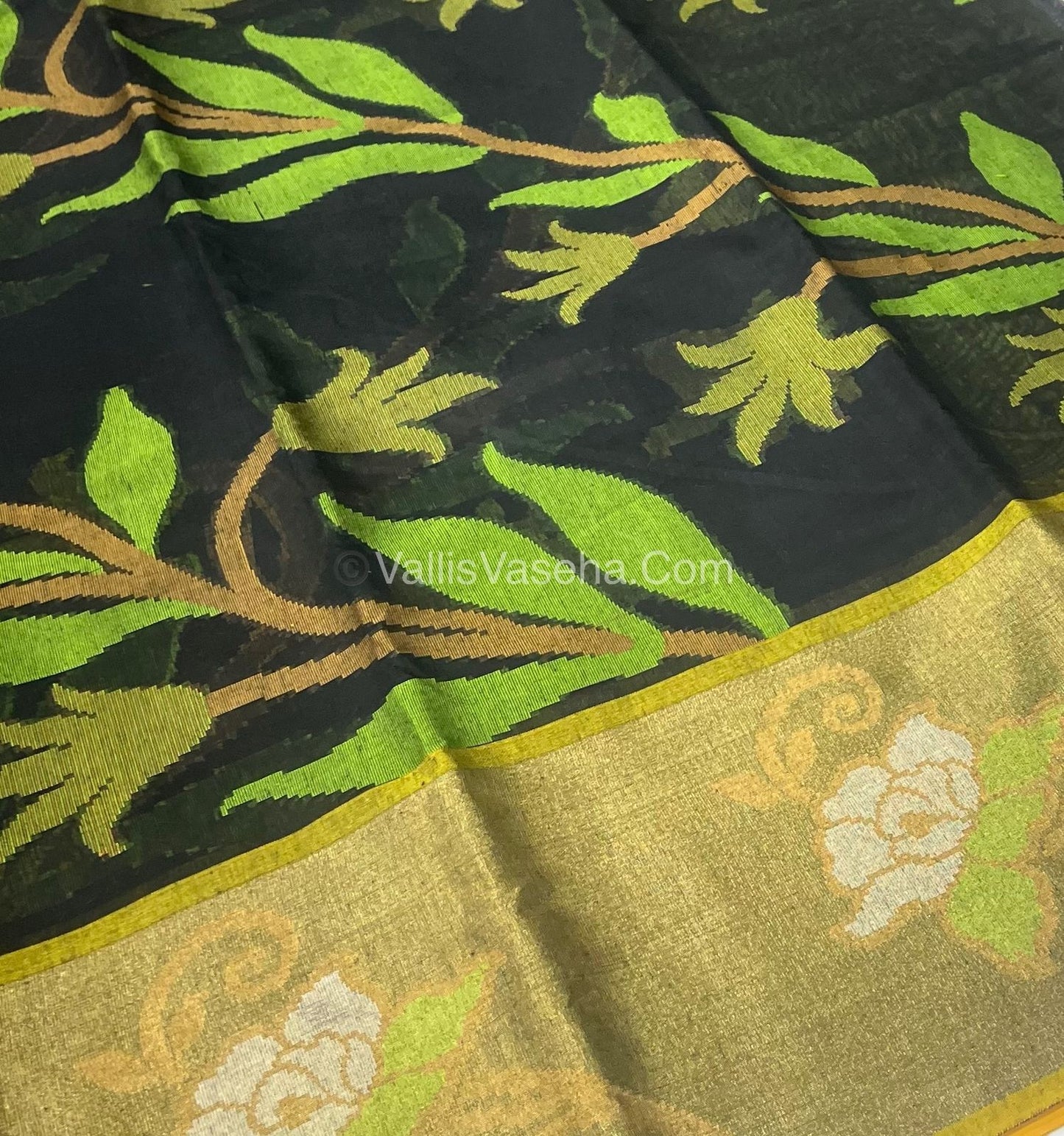Banarasi Pochampally Weaving Semi Soft Cotton Saree - Black with Green - VVBPS001
